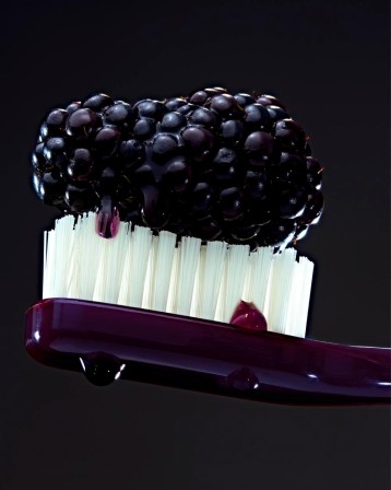 Maurizio Di Iorio Toothbrush (2013) une mûre juteuse posée sur les poils d'une brosse à dents blanche les dents noires