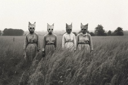 Photograph from the Lithuanian countryside by Ralph Eugene Meatyard, 1970 quatre p'tits chats