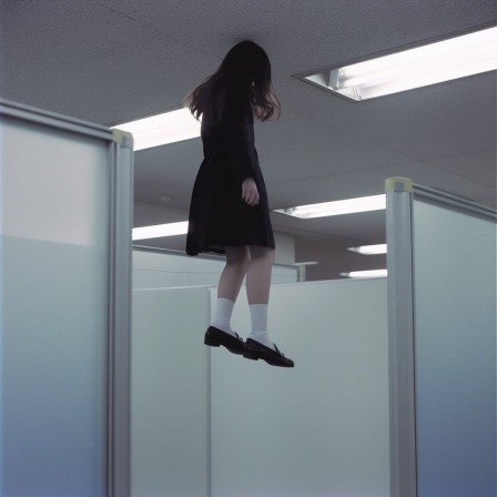 une femme en lévitation, son ascension limitée par le plafond du bureau